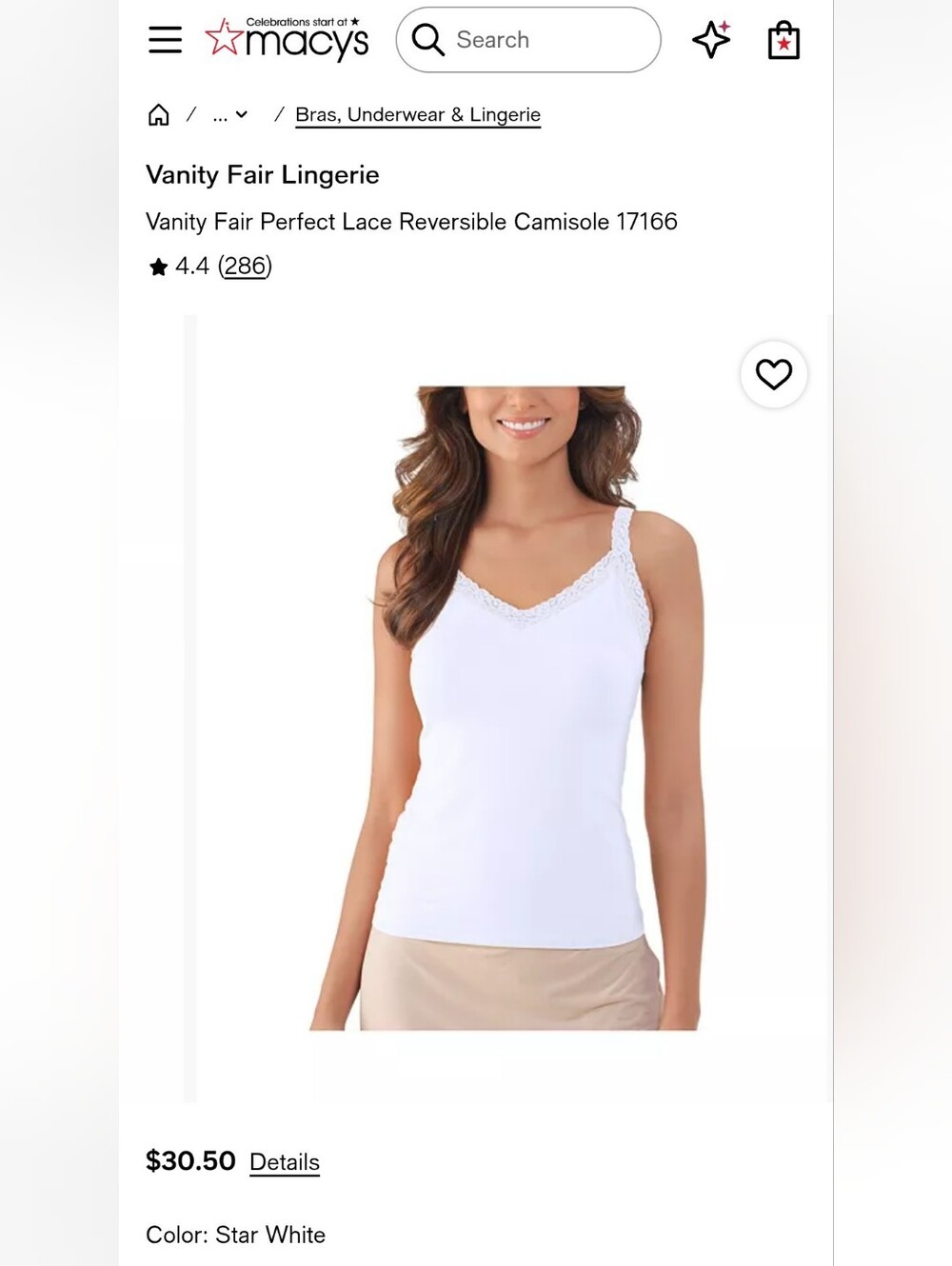Vanity Fair Perfect Lace Star White Lace-Trim Reversible Camisole Size L